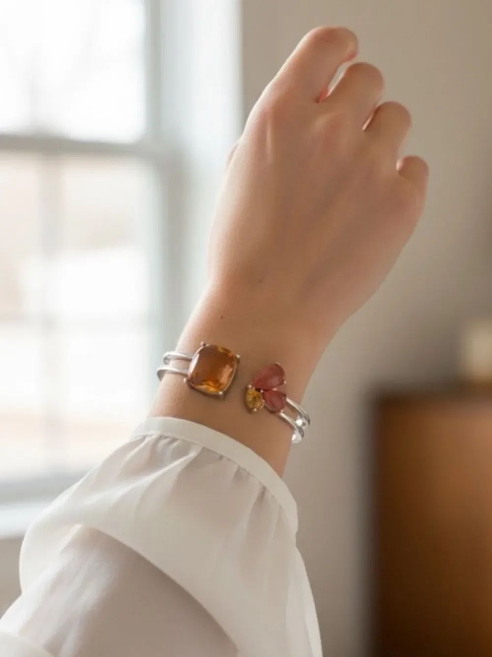 Sterling Silver Cuff Bracelet with Amber and Pink Gemstones